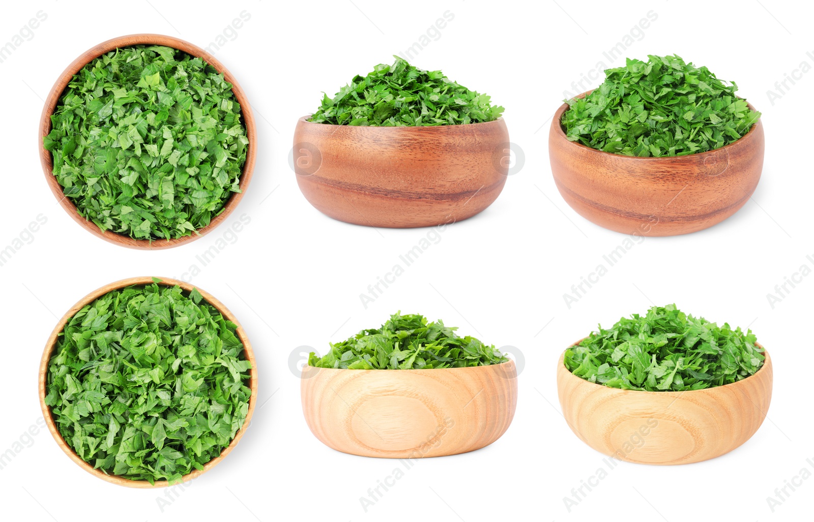 Image of Collage with cut parsley in bowls isolated on white, top and side views