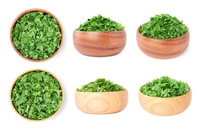 Image of Collage with cut parsley in bowls isolated on white, top and side views