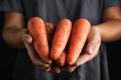 Photo of Farmer holding fresh ripe carrots, closeup view