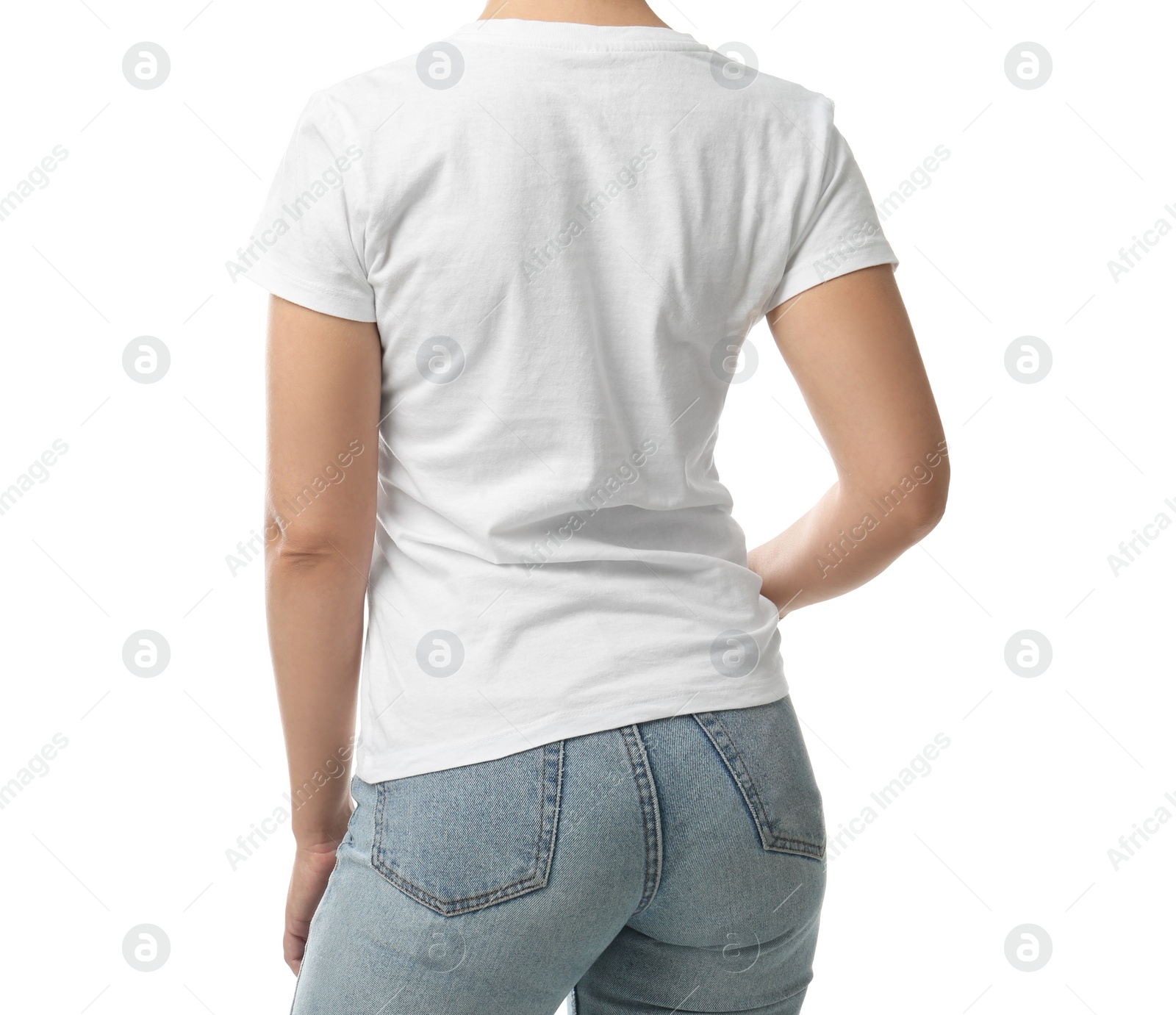 Photo of Woman in t-shirt on white background, closeup. Space for design