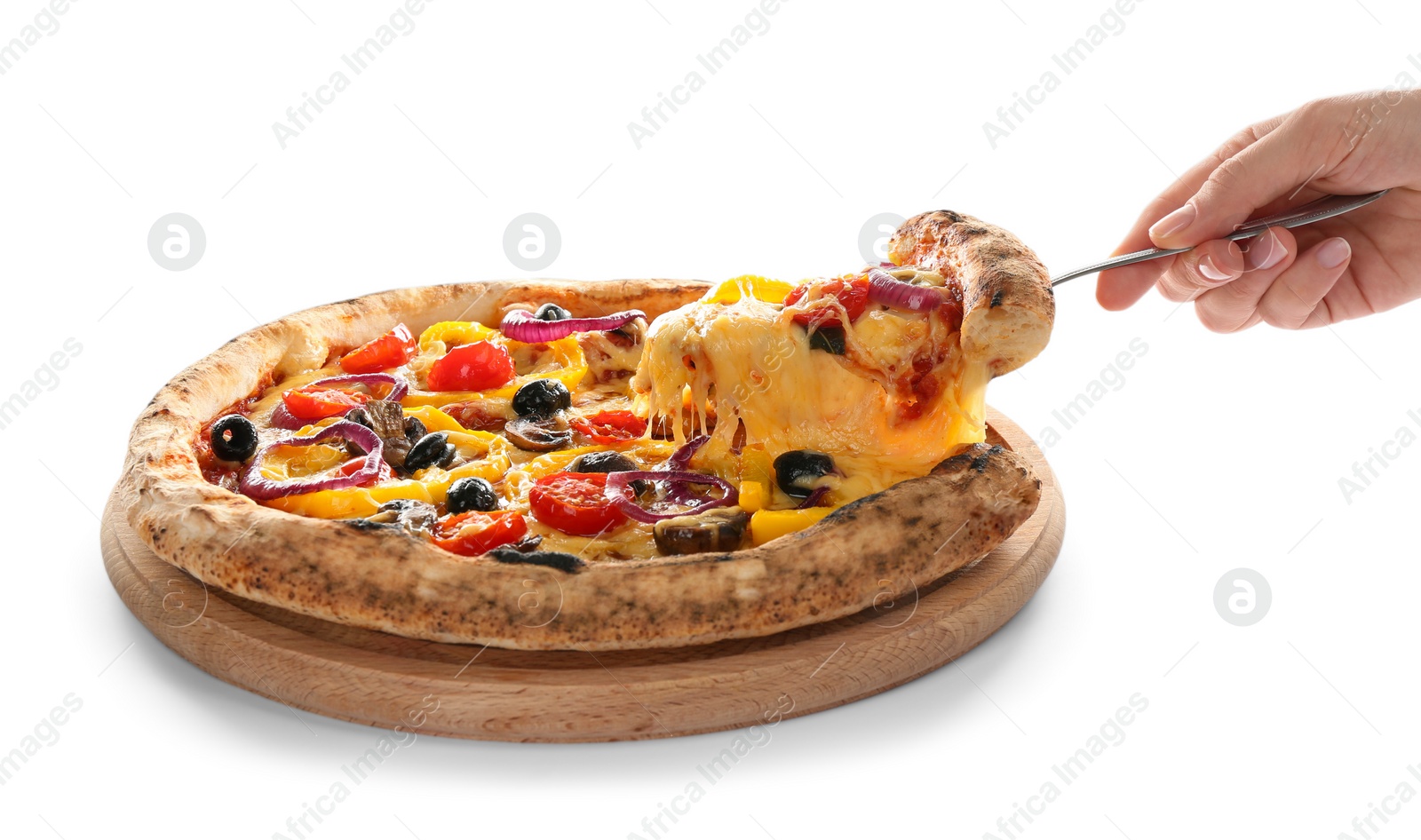 Photo of Woman taking slice of tasty vegetable pizza on white background, closeup