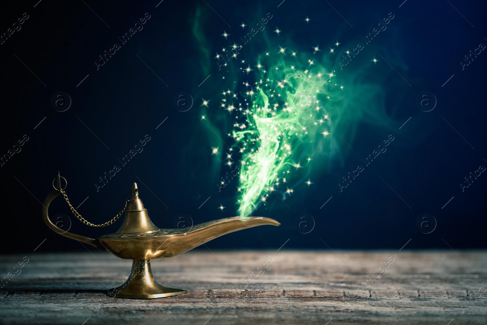 Image of Genie appearing from magic lamp of wishes. Fairy tale