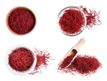 Image of Set with dried saffron on white background, top view 