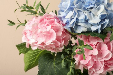 Photo of Beautiful hortensia flowers on beige background, closeup