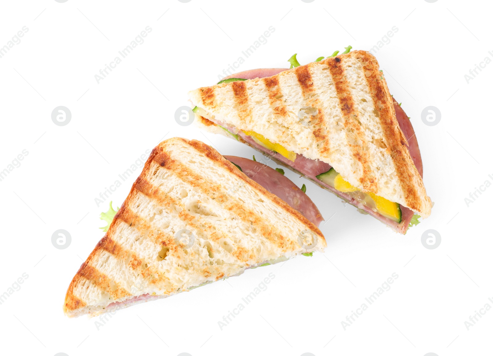 Photo of Tasty sandwich with ham on white background, top view