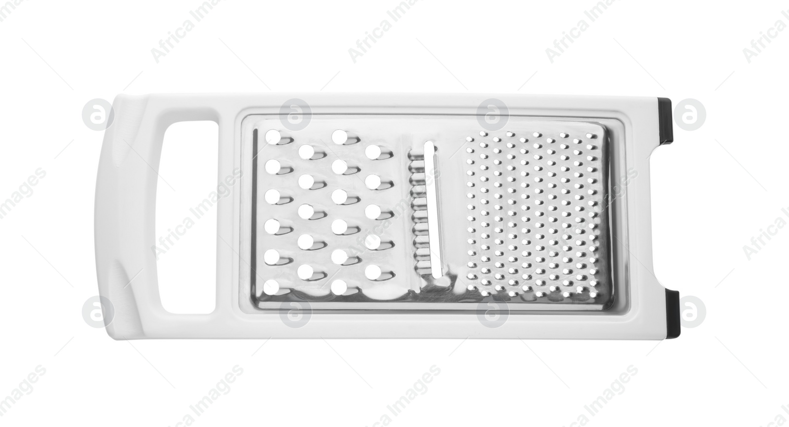 Photo of Stainless steel grater on white background, top view. Kitchen utensil