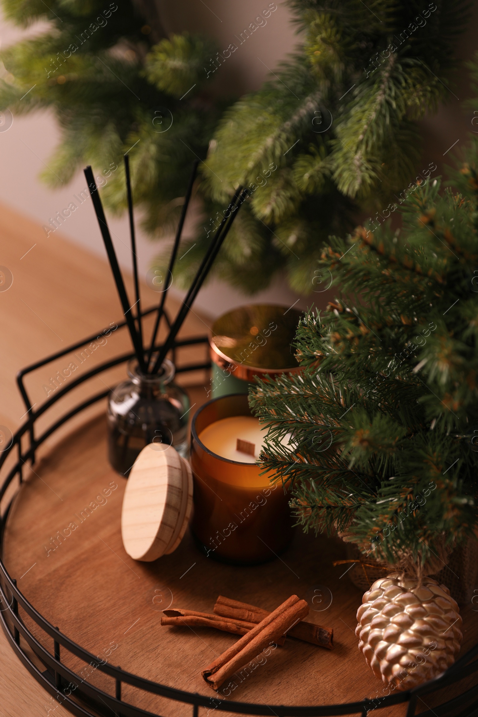 Photo of Composition with decorative Christmas tree on wooden table