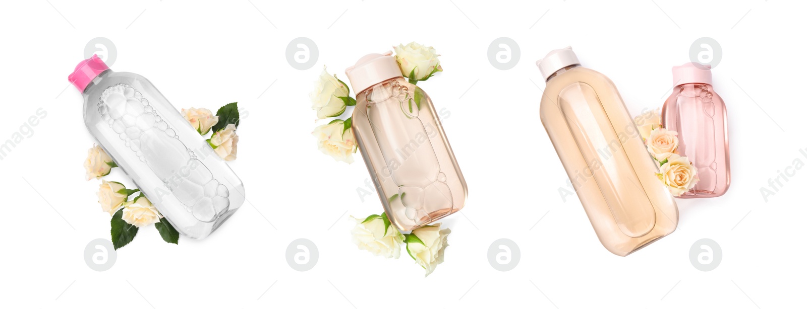 Image of Set with bottles of micellar cleansing water and flowers on white background, top view