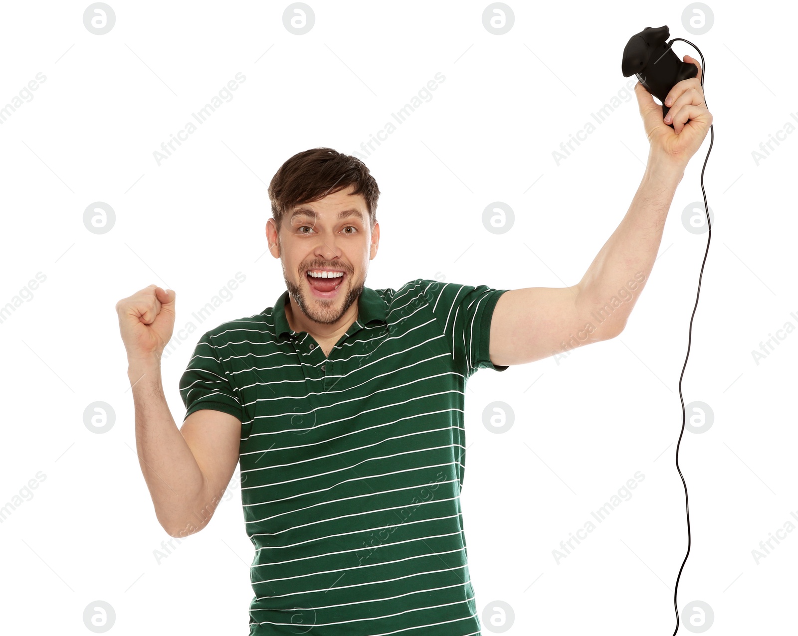 Photo of Emotional man playing video games with controller isolated on white