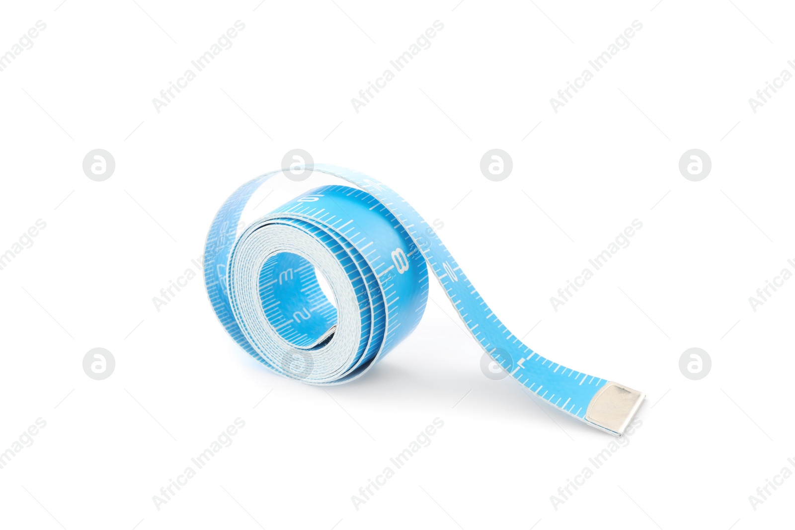 Photo of Long light blue measuring tape isolated on white