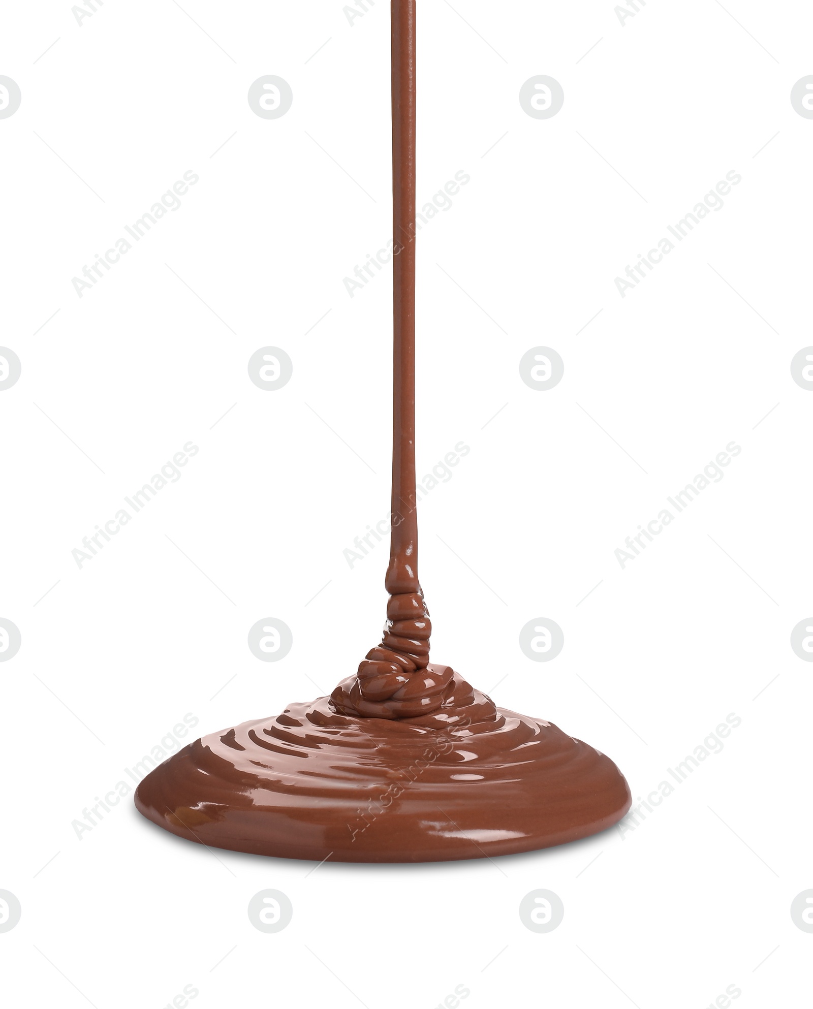 Photo of Pouring tasty melted milk chocolate isolated on white