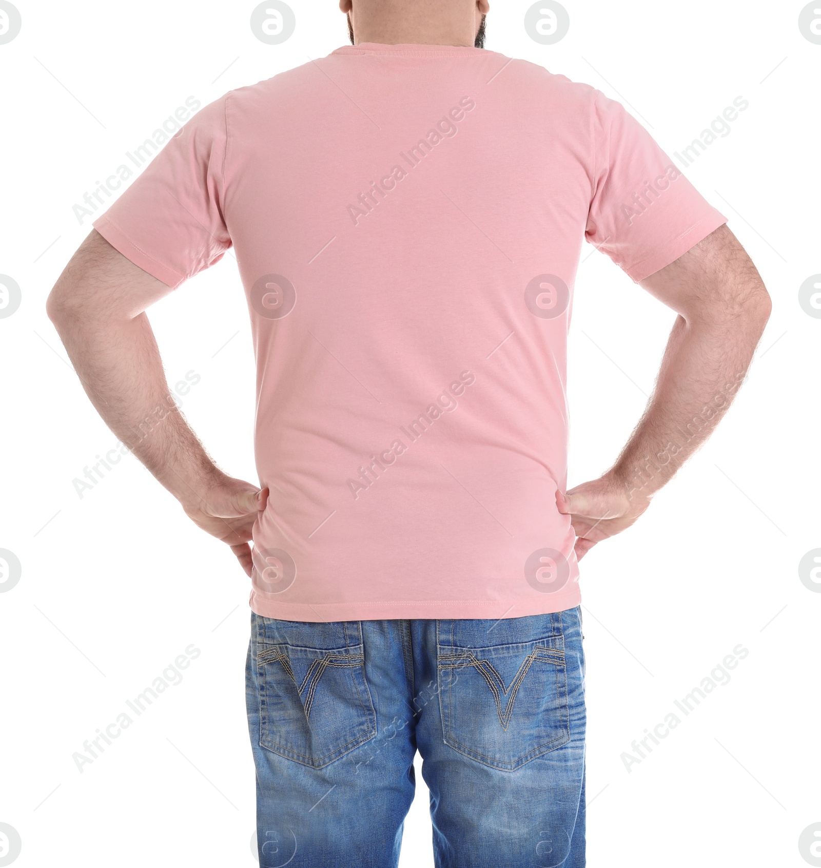 Photo of Overweight man isolated on white, closeup. Weight loss