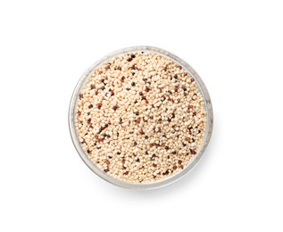 Raw quinoa seeds in bowl isolated on white, top view