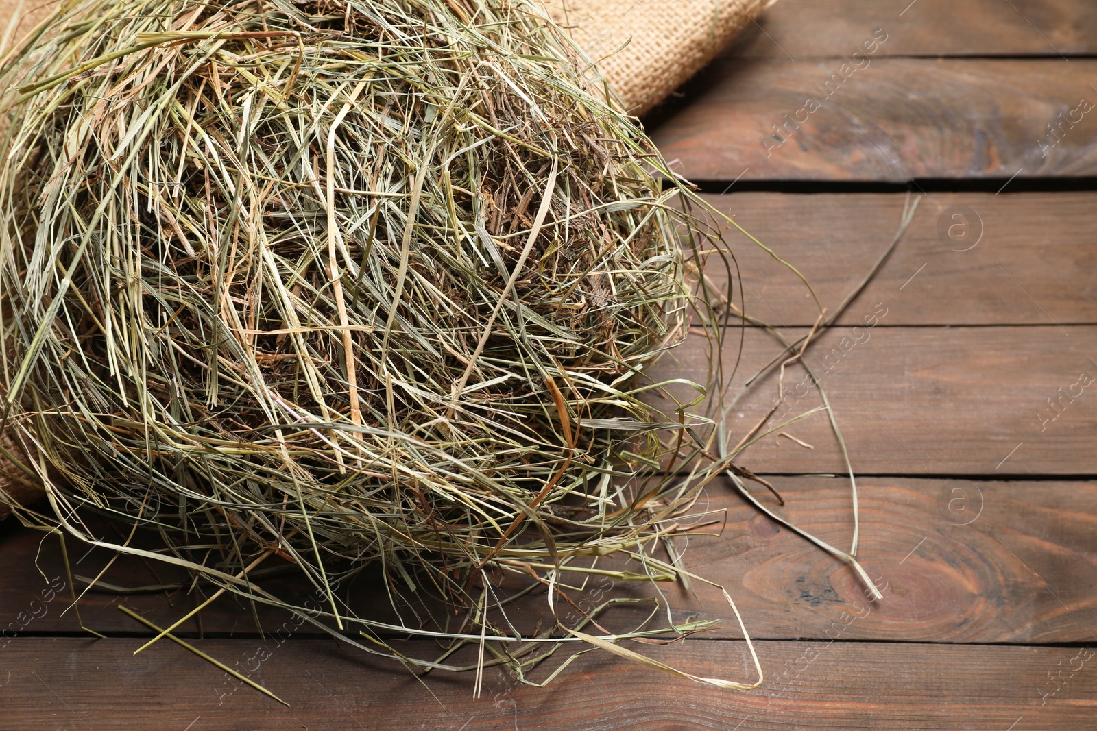 Photo of Dried hay on wooden table, closeup. Space for text