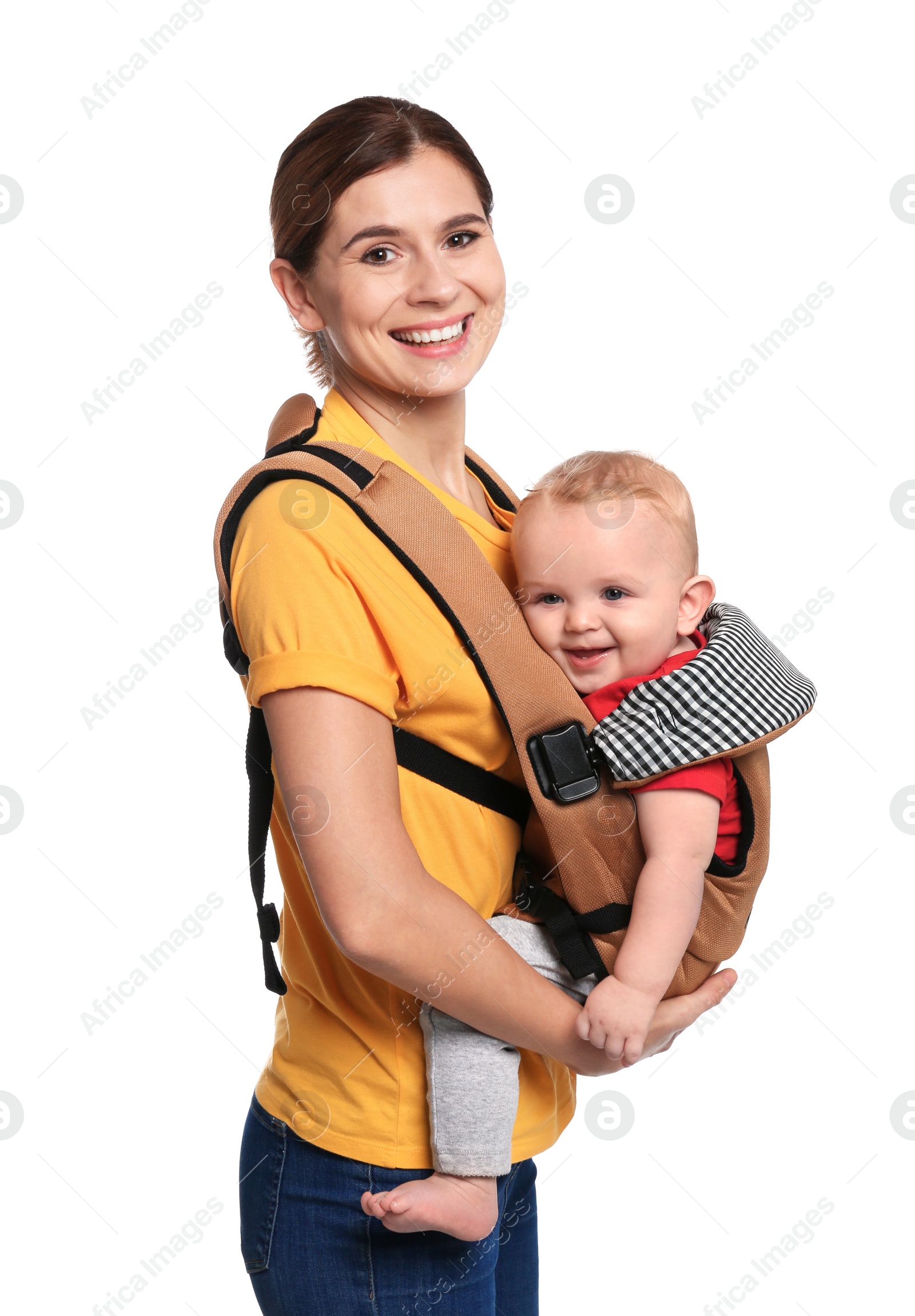 Photo of Woman with her son in baby carrier on white background