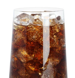 Photo of Glass of refreshing soda drink with ice cubes isolated on white