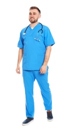 Photo of Full length portrait of medical doctor with stethoscope isolated on white