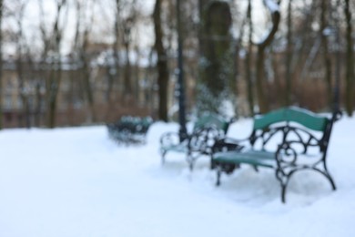 Green benches, trees and buildings in snowy park, blurred view