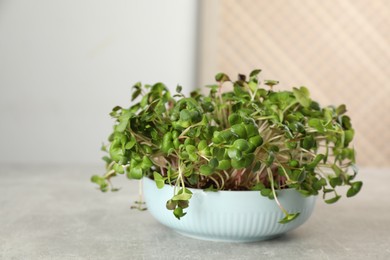 Photo of Fresh radish microgreens in bowl on light grey table, space for text