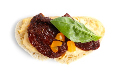 Photo of Delicious tomato bruschetta on white background, top view