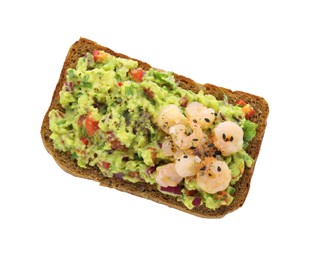 Slice of bread with tasty guacamole and shrimp isolated on white, top view