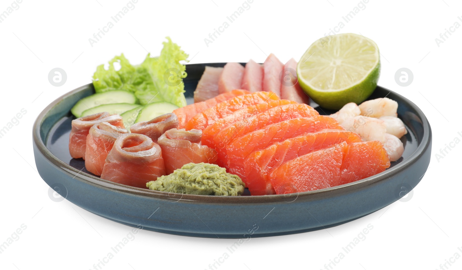 Photo of Tasty sashimi set (raw tuna, salmon slices and shrimp) served with cucumber, lettuce, lime and wasabi isolated on white