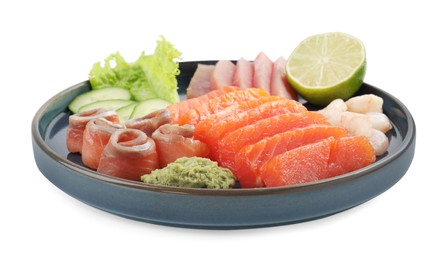 Tasty sashimi set (raw tuna, salmon slices and shrimp) served with cucumber, lettuce, lime and wasabi isolated on white