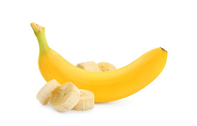 Image of Delicious ripe banana and pieces on white background