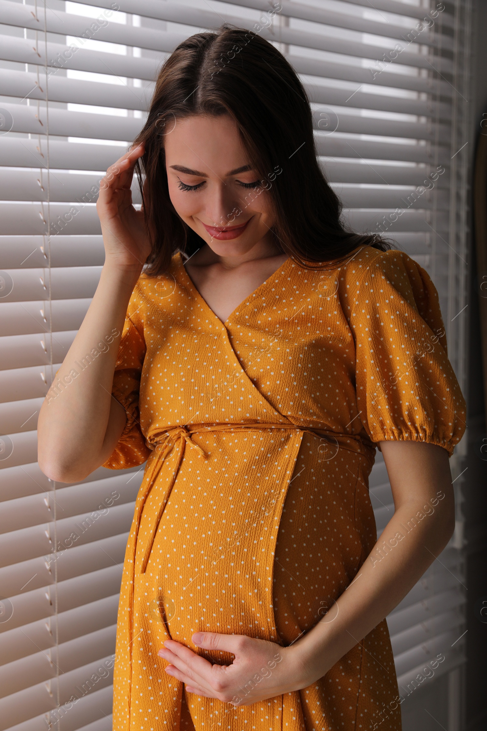 Photo of Young pregnant woman near window at home