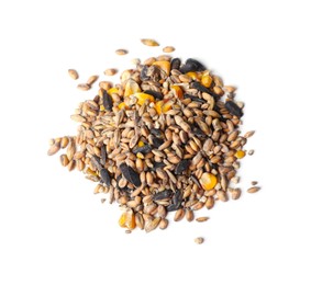 Pile of different vegetable seeds on white background, top view