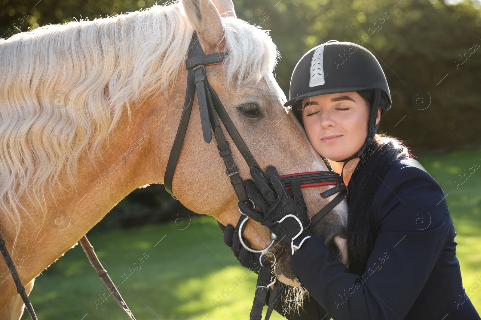 Photo of Young woman in horse riding suit and her beautiful pet outdoors on sunny day