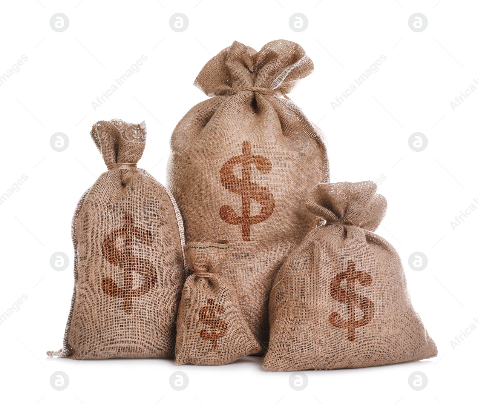 Image of Burlap bags with dollar signs on white background