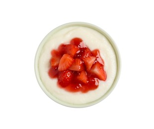 Delicious semolina pudding with strawberries and jam isolated on white, top view