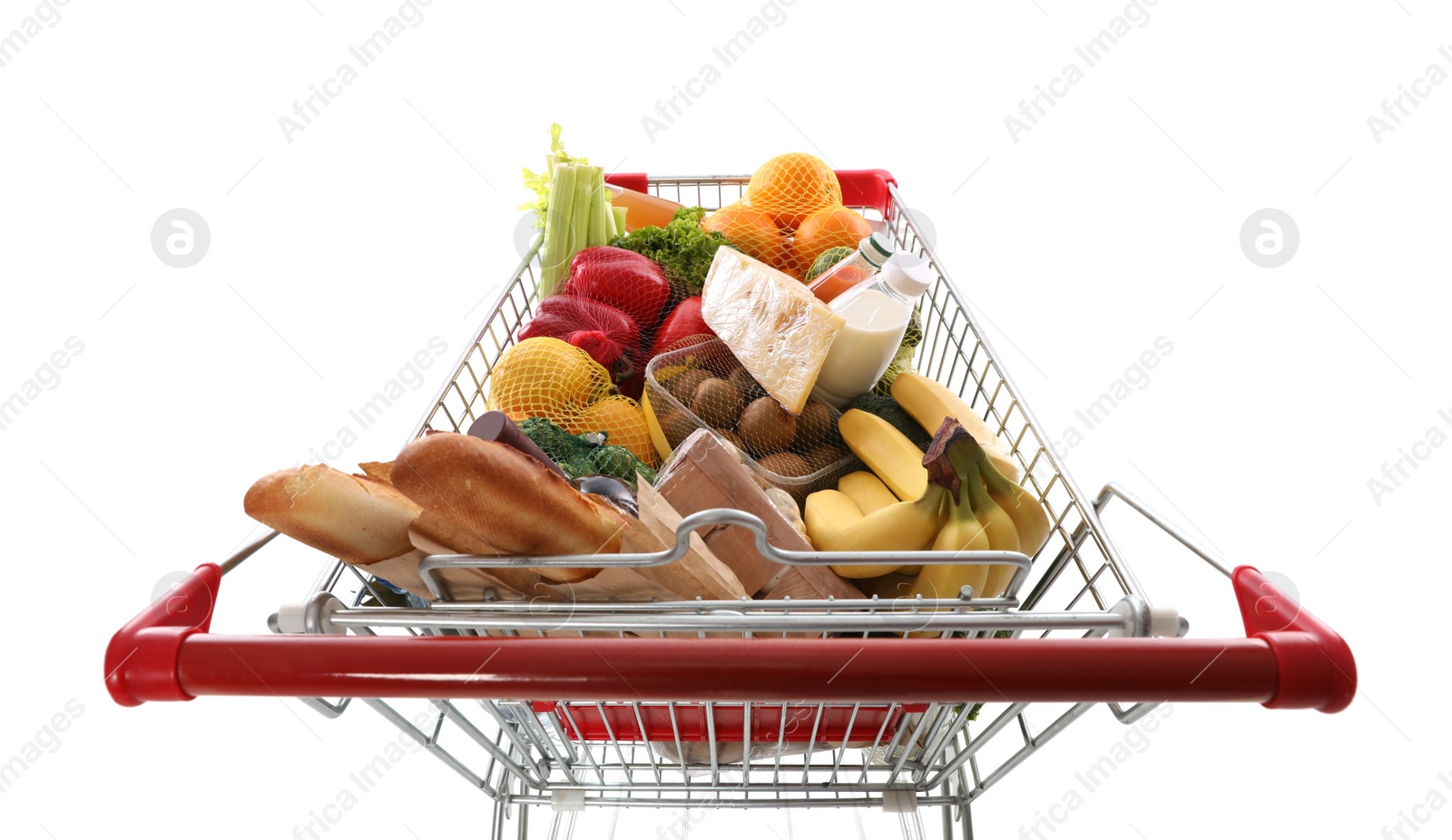 Photo of Shopping cart full of groceries on white background, above view