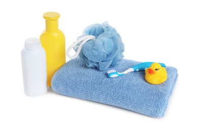 Baby cosmetic products, bath duck, accessories and towel isolated on white