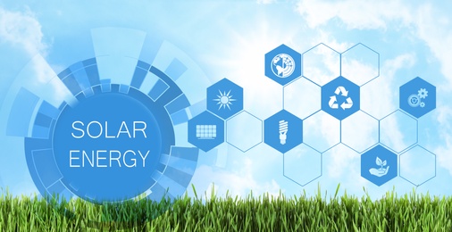 Image of Solar energy concept. Scheme with icons and sky over green grass on background, banner design