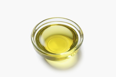 Photo of Little bowl with fresh olive oil on white background