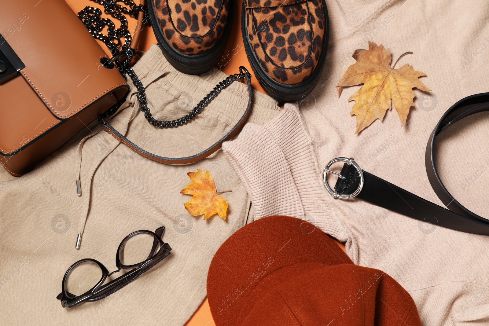 Photo of Stylish hat and autumn clothes on orange background, flat lay