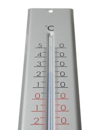 Photo of Modern grey weather thermometer on white background, closeup