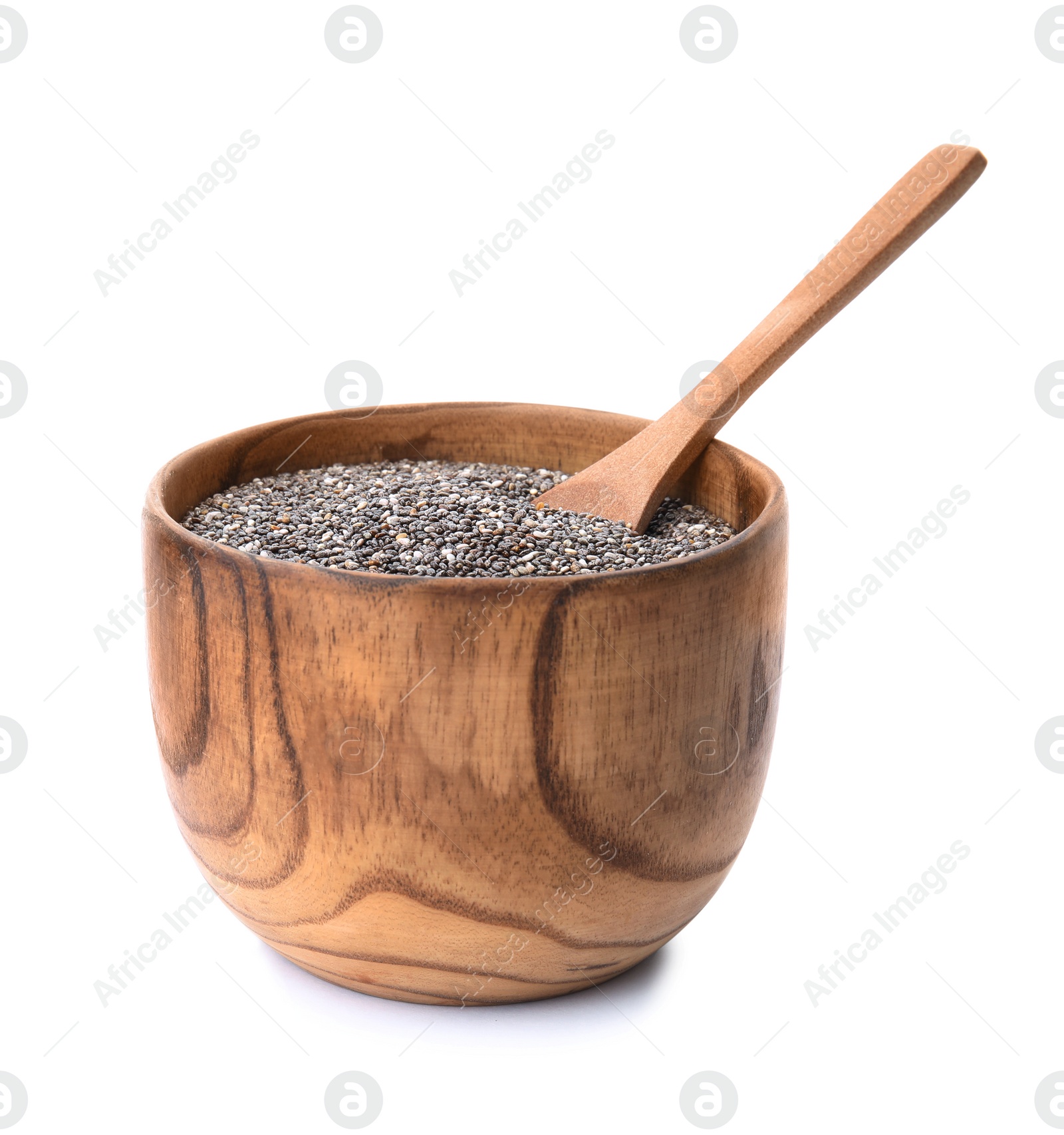 Photo of Bowl with chia seeds and spoon isolated on white