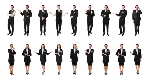 Image of Collage with photos of receptionists on white background. Banner design