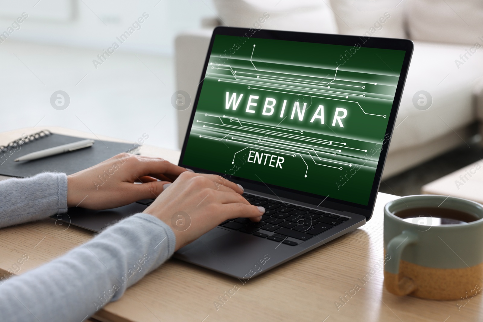 Image of Webinar. Woman using laptop at table, closeup