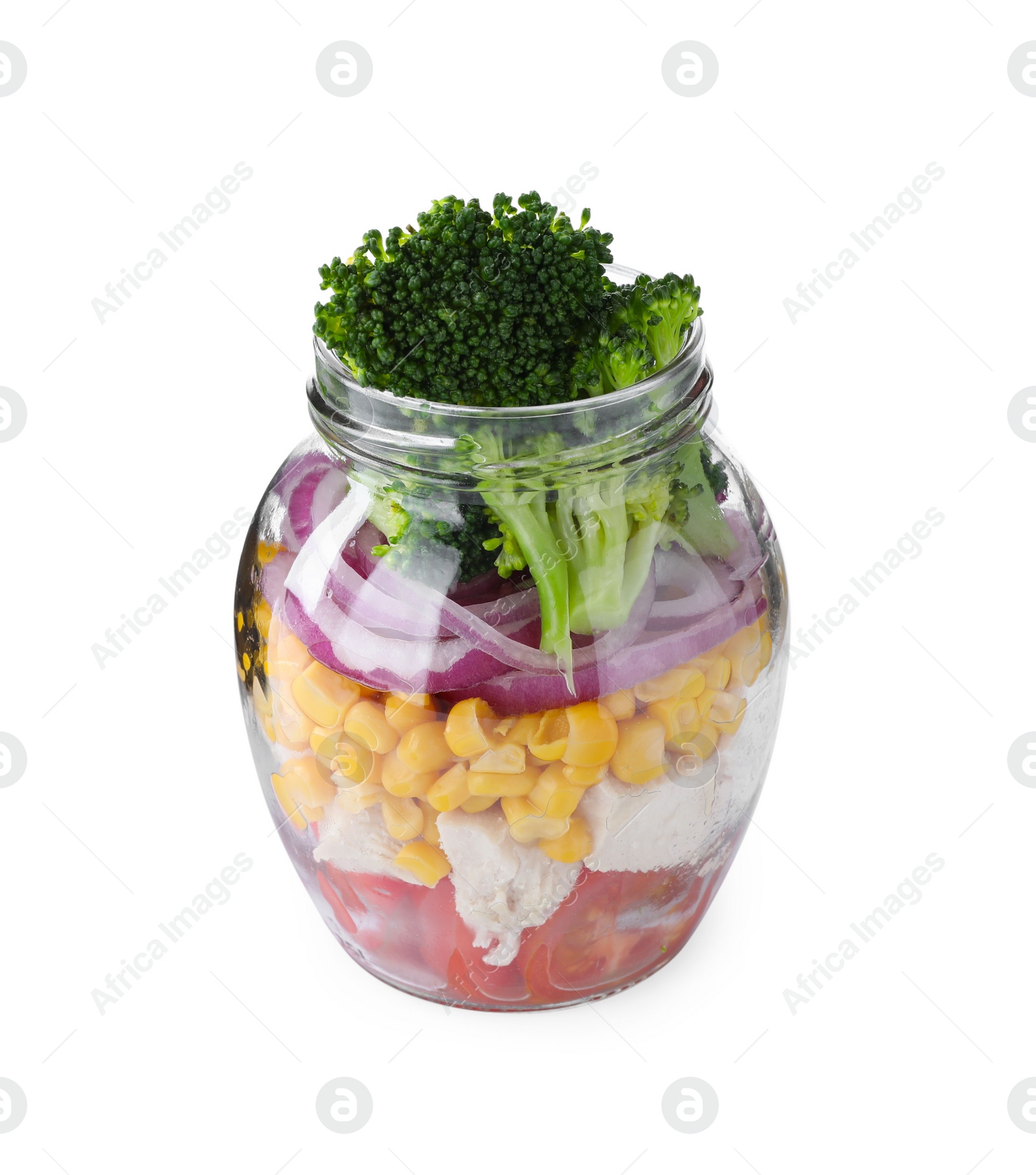 Photo of Healthy salad in glass jar isolated on white