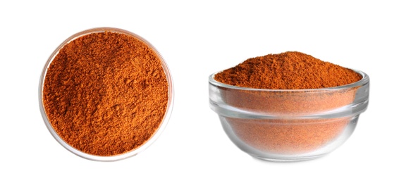 Image of Red pepper powder in bowl on white background, top and side views