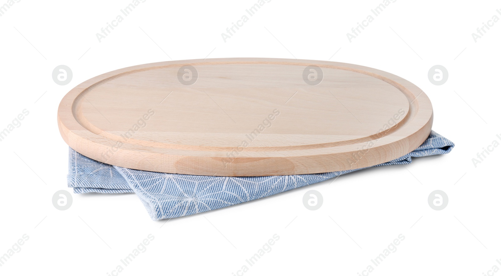 Photo of Wooden cutting board and kitchen towel isolated on white