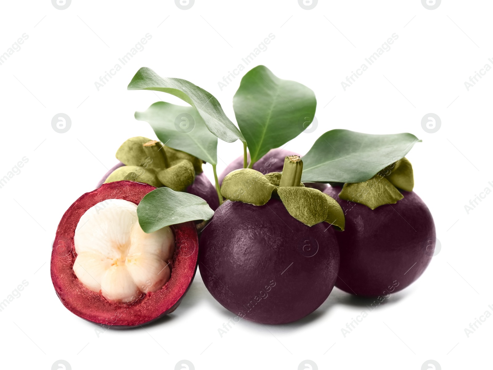 Photo of Fresh mangosteen fruits with green leaves on white background