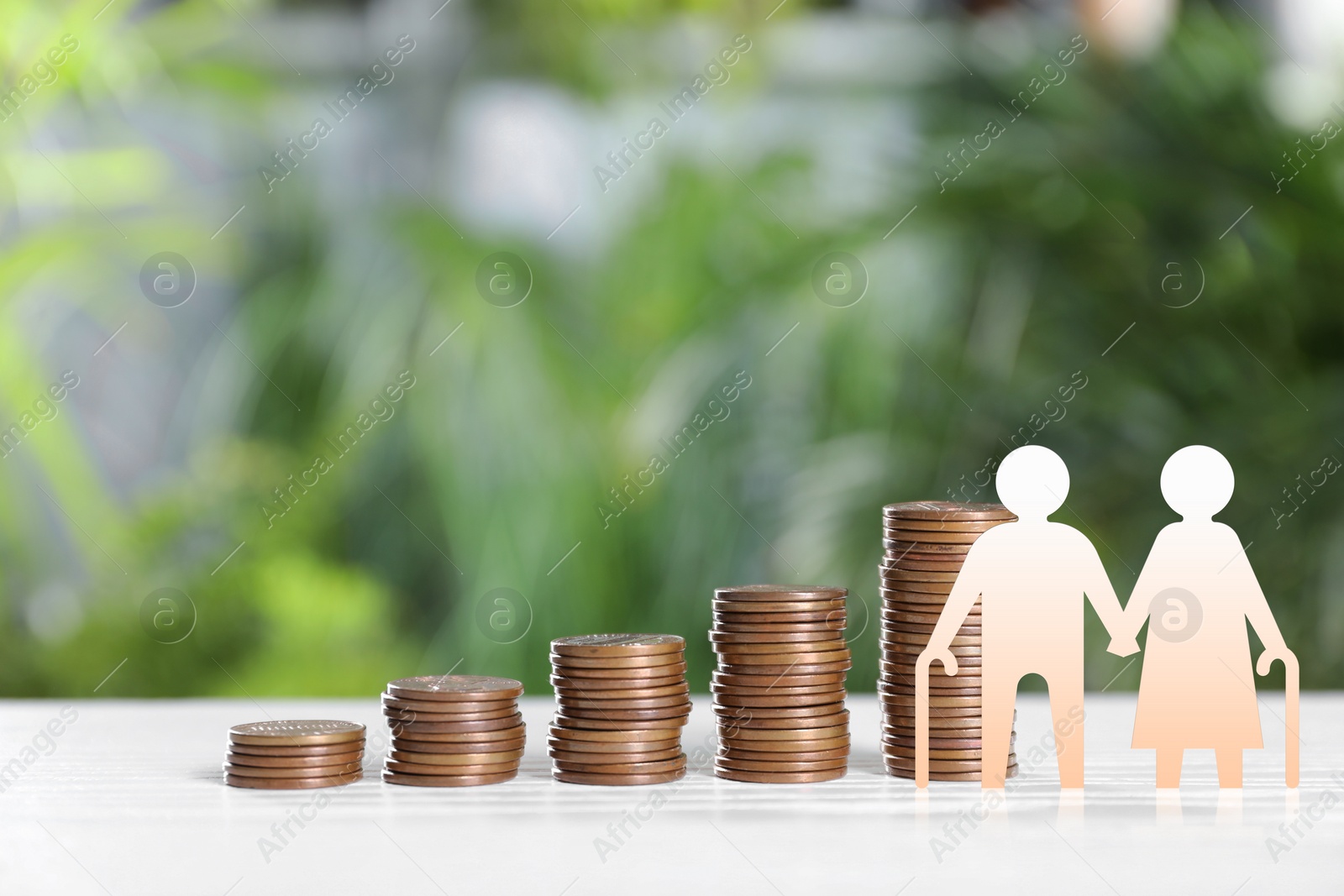 Image of Pension concept. Elderly couple illustration and coins on white wooden table. Space for text