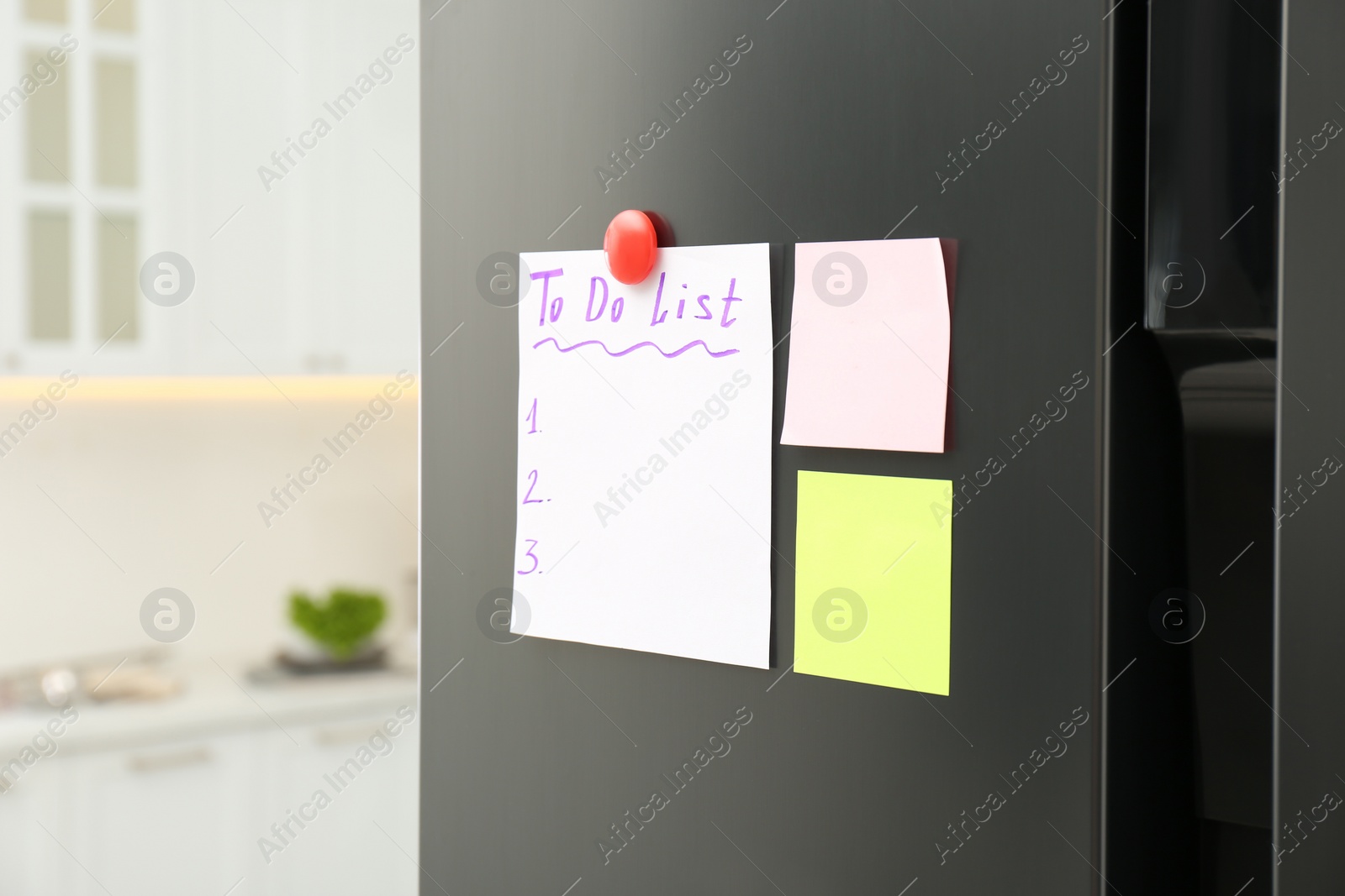 Photo of Blank To do list and sticky notes on fridge in kitchen. Space for text