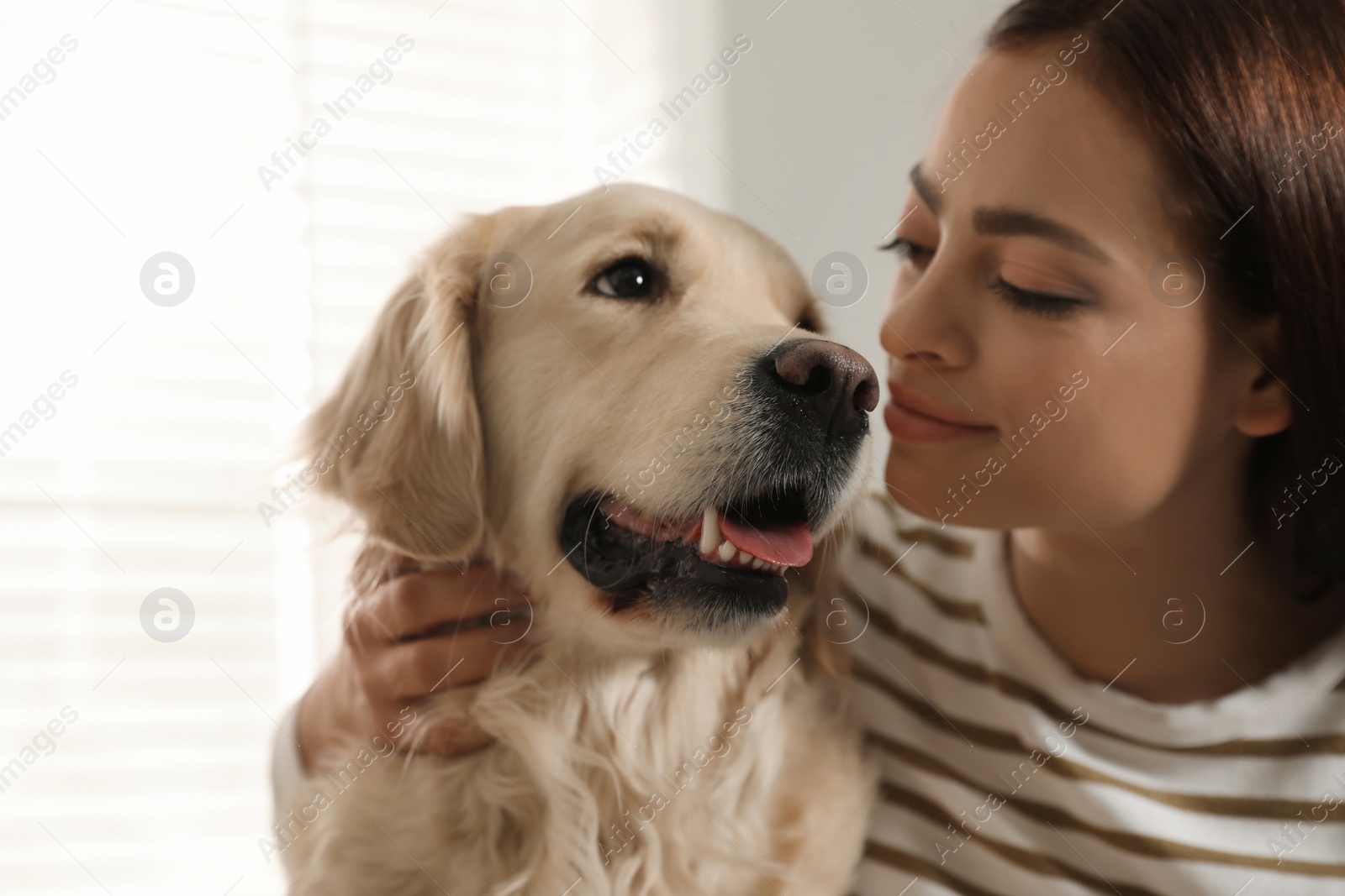 Photo of Young woman and her Golden Retriever at home. Adorable pet