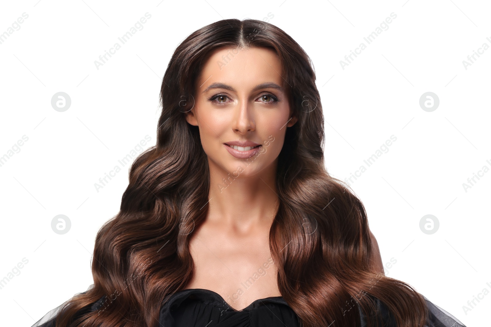 Image of Gorgeous woman with shiny wavy hair on white background. Professional hairstyling
